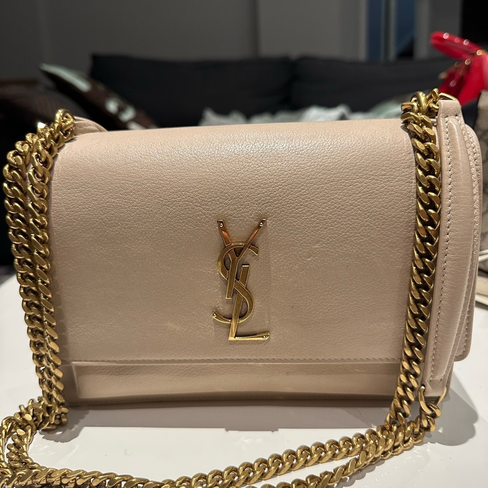 Yves Saint Laurent Beige Leather Crossbody with Gold Chain